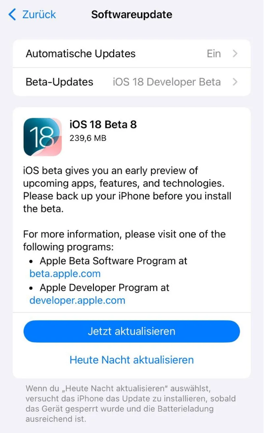 路桥苹果手机维修分享苹果 iOS / iPadOS 18 开发者预览版 Beta 8 发布 